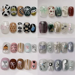 New 10Pcs Kawaii Hand-Painted Graffiti Handmade Manicure Retro Polka Point Streak Fashion Cat Eye Short Artificial False Nails