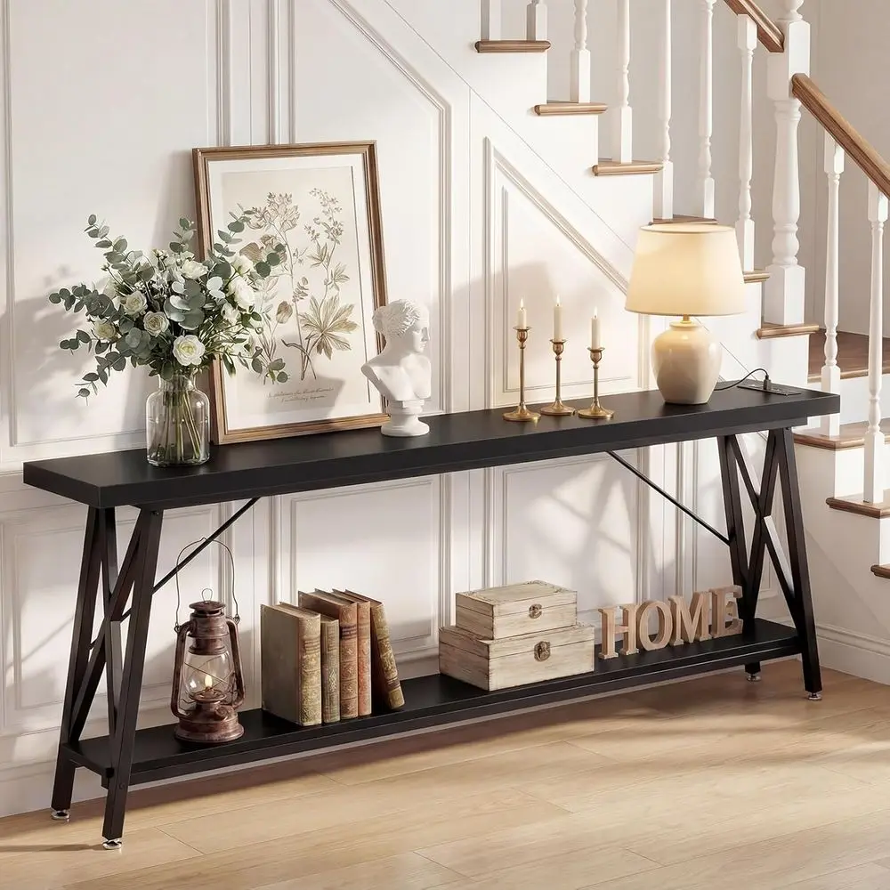 70.9 Inch Extra Long ole Table, Industrial Soa Table Behind Couch with Charging Station & Storage Shel, Entryway Table or Living