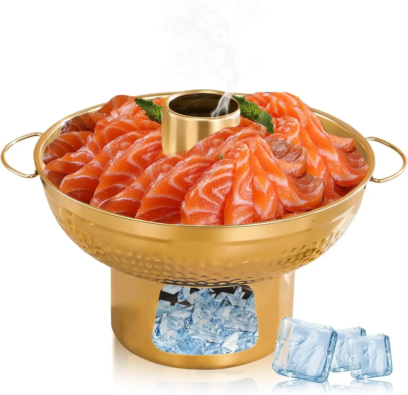 8.6 in 304 Stainless Steel Shrimp Cocktail Serving Dish, Groove Hotpot Chilled Serving Tray Gold with Ice Button