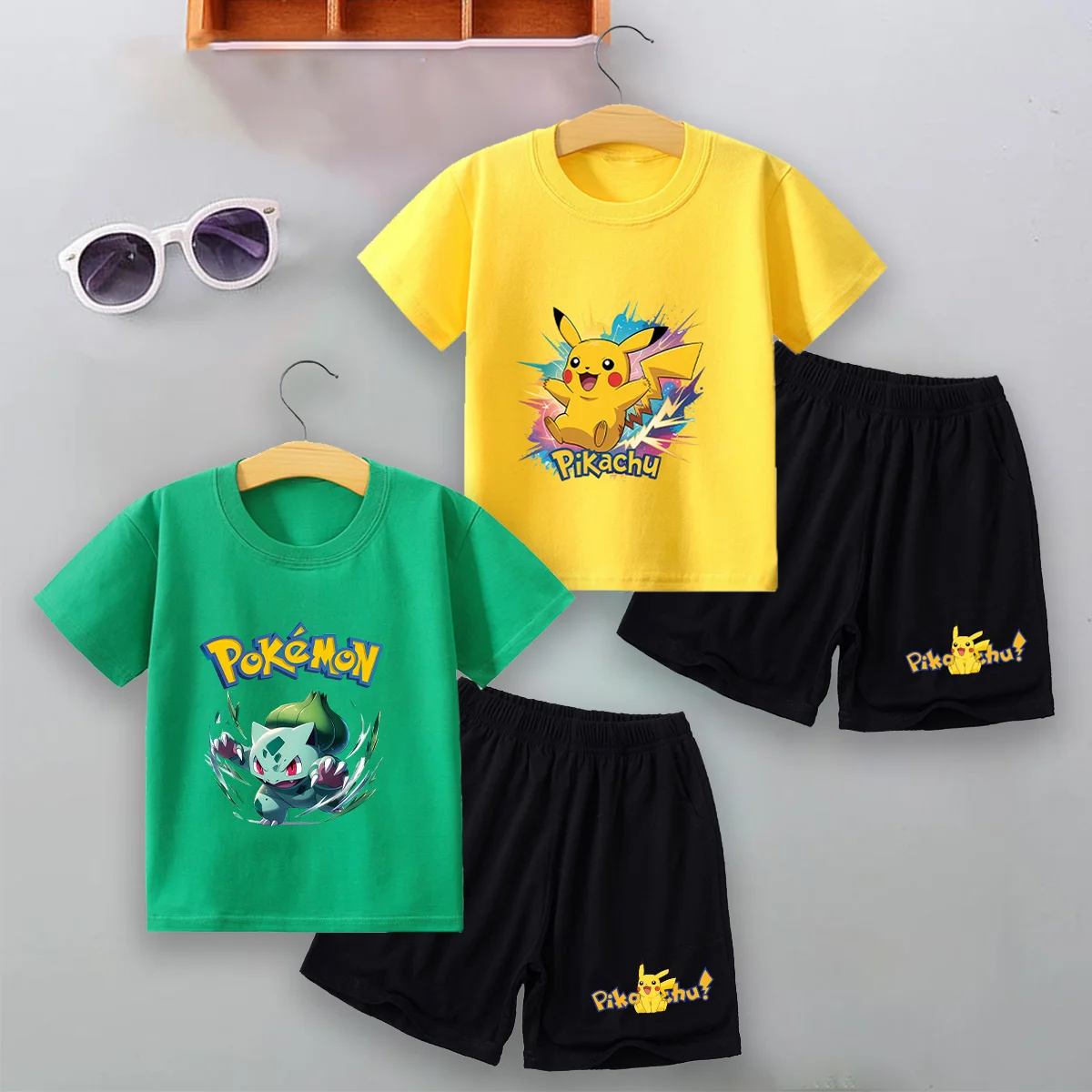 Anime Pokemons T-shirt Shorts Suit Printed Cotton Children's Clothes Birthday Wears Girls Boys Sports Tee Pants 2pcs Set Gifts