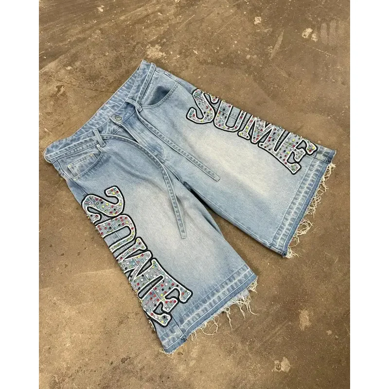 

Washed Blue Baggy Rhinestone Element Letter Denim Shorts Korean Style Trendy Hip Hop Capri Pants for Women's New Gym Shorts