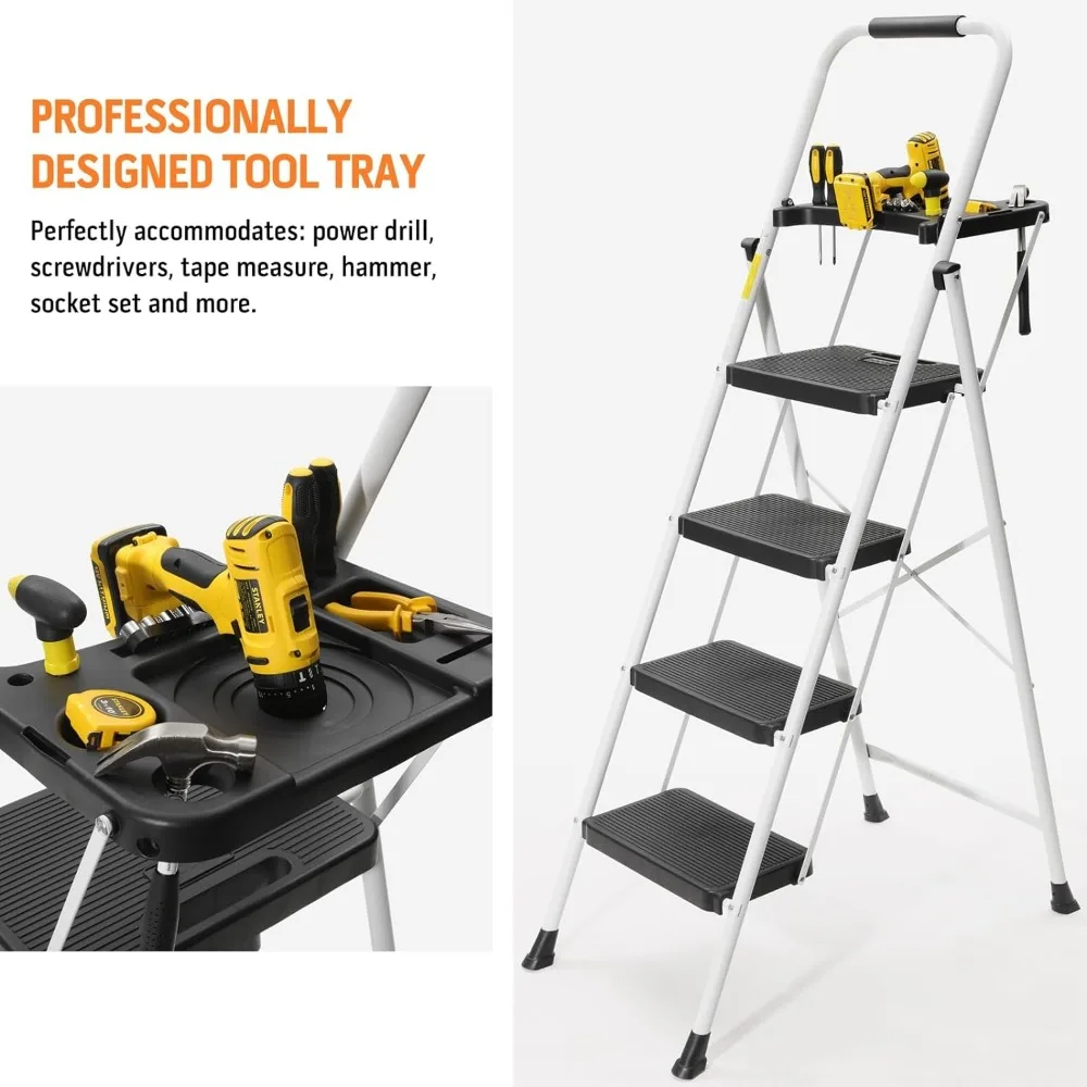 Lightweight Portable Folding Stool, 4 Step Ladder, Aço resistente, Plataforma de ferramentas, Handgrip conveniente