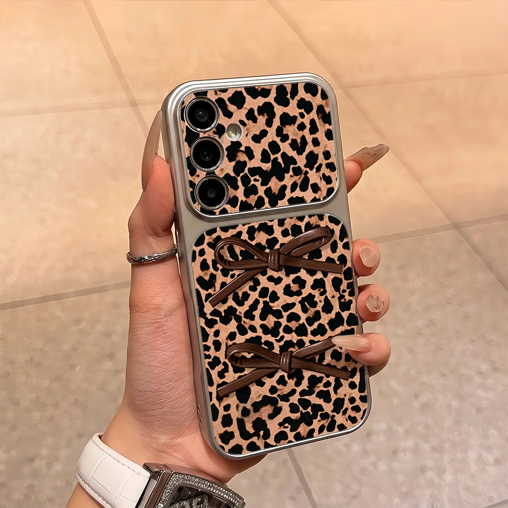 Bow Leopardenmuster Leder Handyhülle für Samsung A57 A37 A56 5G A16 A17 A55 A54 A53 A36 A35 A06 A07 A26 A27 A15 Stoßfeste Schutzhülle