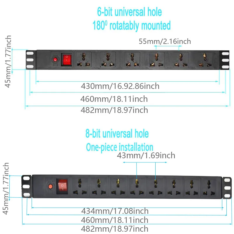 PDU Cabinet Power Strip com Interruptor, Tomadas Universais, Proteção Contra Sobrecarga Relâmpago, Soquete de Extensão, 19 Polegadas Hight Power, 6 AC, 8AC