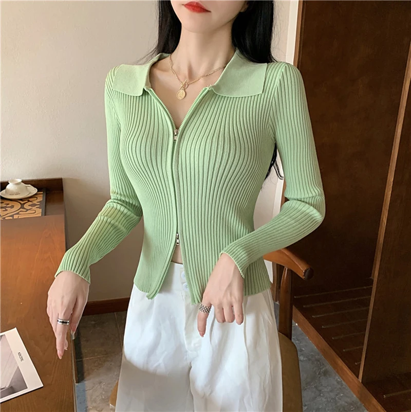 New Autumn Winter 2023 Women Cardigans Zipper Long Sleeve V-neck Knitted Sweater Cardigan Fashion Short Knitwear Solid Jumpers