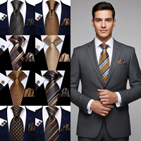 Hi-Tie 3pcs Mens Tie Brown Gold Floral Stripes Solid Necktie Pocket Square Cufflinks Set Wedding Formal Casual Office Party