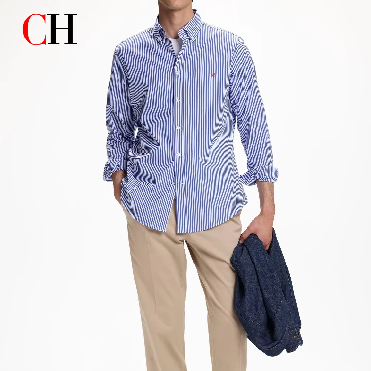 

CH Metal Logo Stripe Long Sleeve Shirt Men Button Down Collar Straight Fit Minimalist Chic Versatile Casual Tops