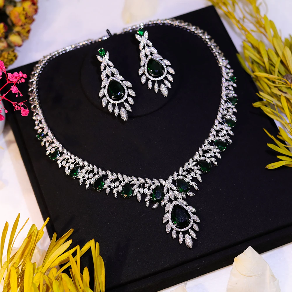 New Bridal Red and Green Colors Cubic Zirconia Necklace Sets For Women Party Luxury Dubai Nigeria CZ Crystal Wedding Jewelry Set