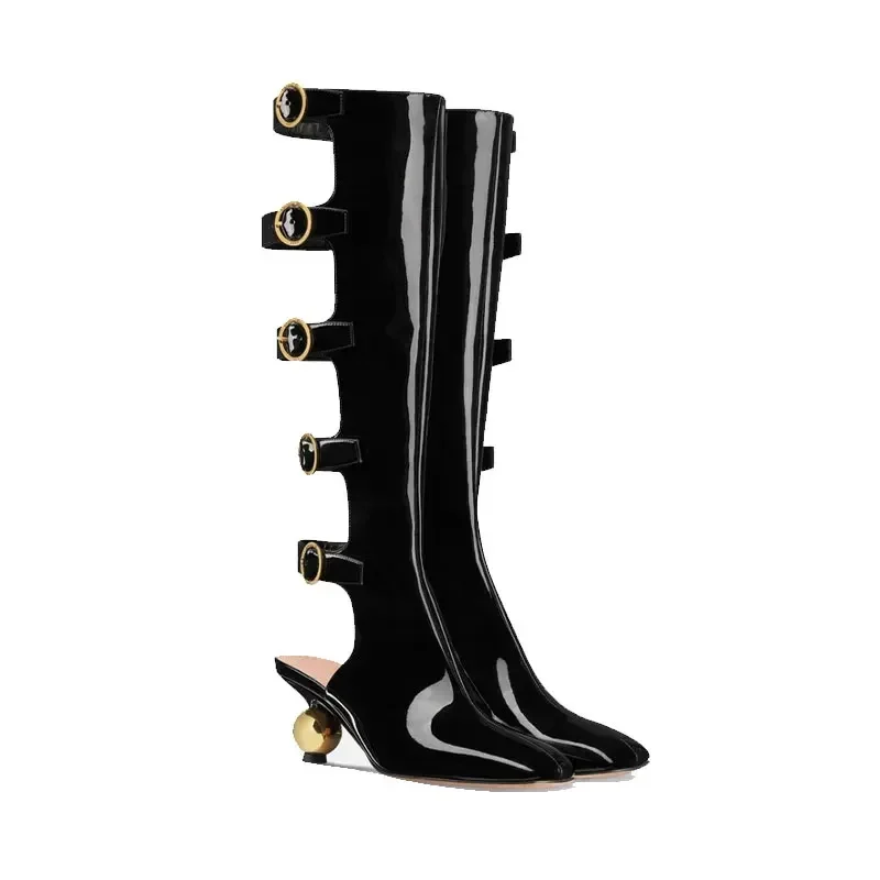 

Ladies' Spring/Summer New Style Alien Low Heel Lacquered Leather Midsole Boots with Empty Rear Metal Buckle Black Long Boots