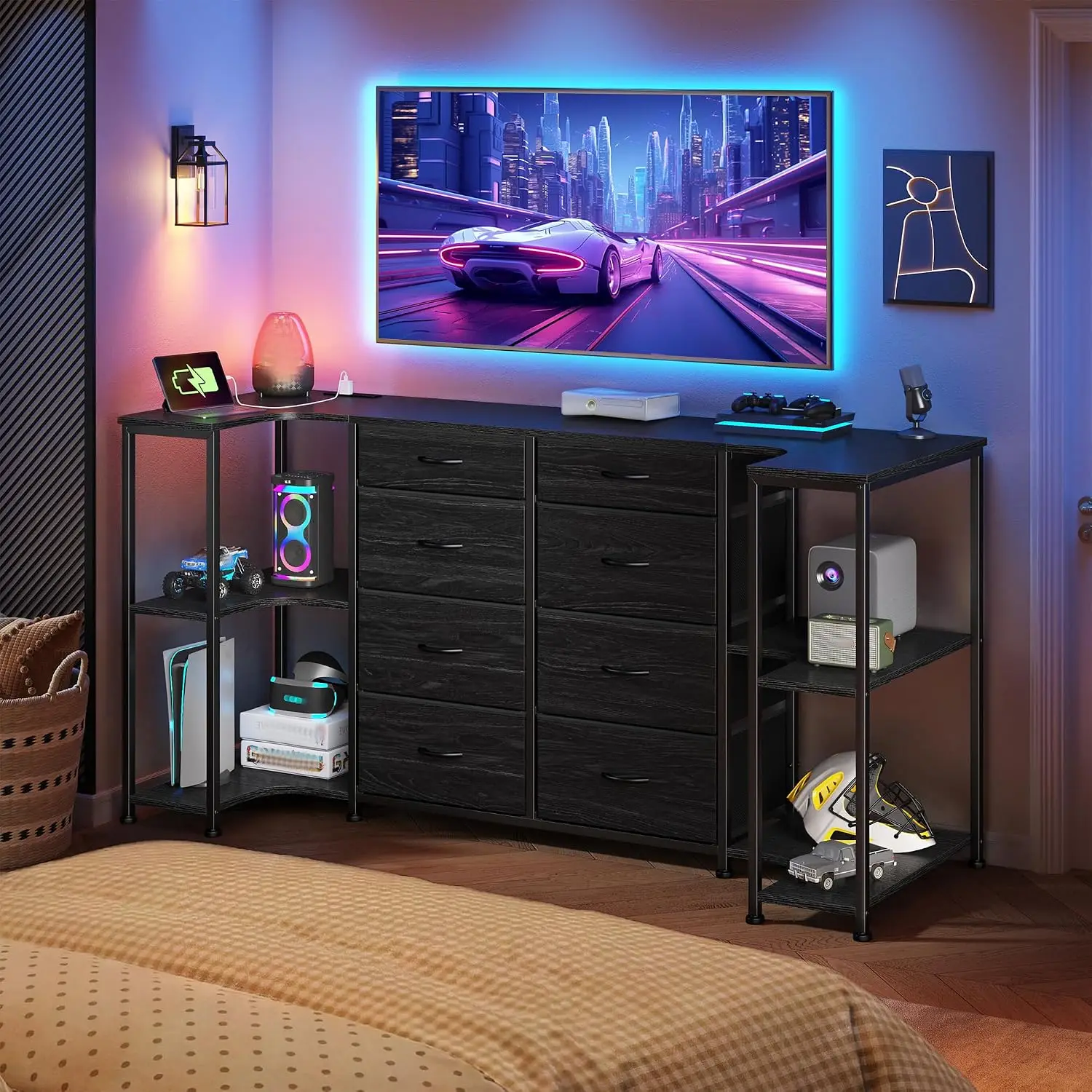TV Stand with Power Outlets 8 Drawer for 55/65/75
