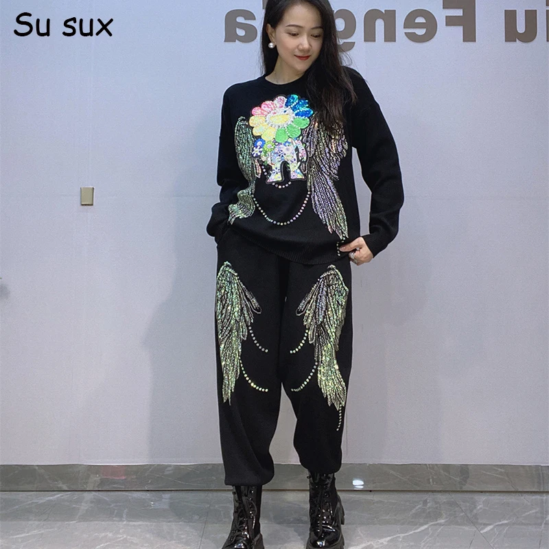 Beading Sequins Flower Knitted 2-Piece Sets for Women, Casual Clothes, Oversized Long Sleeve Top and Pencil Pants Sets, Y2k