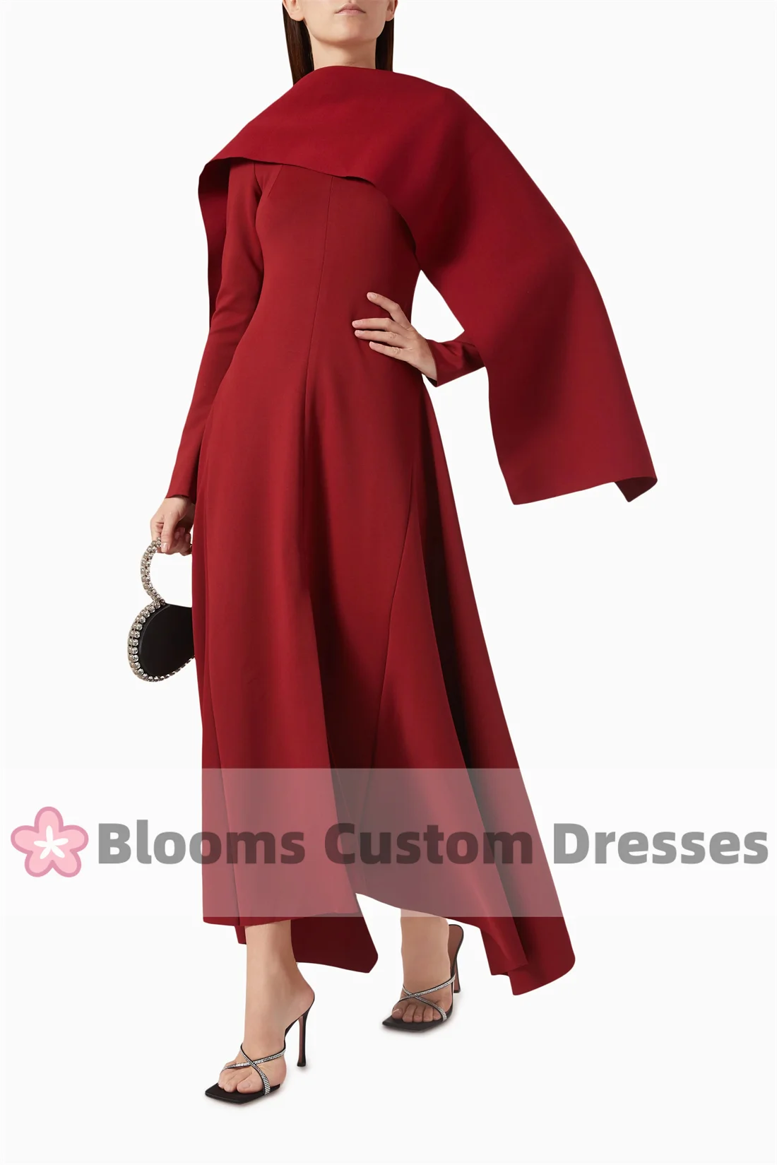 Blooms Burgundy Long Sleeves Customized Evening Dresses 2024 Elegant A-line With Cape Formal Occasion Party Dress For Prom