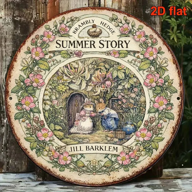 2D flach, 1 Stück 2D flaches rundes Eisenschild 8x8 Zoll/20x20 cm, Vintage-Dekorationsplakette mit dem Motiv „Brambly Hedge Summer Story“, Jill Bar
