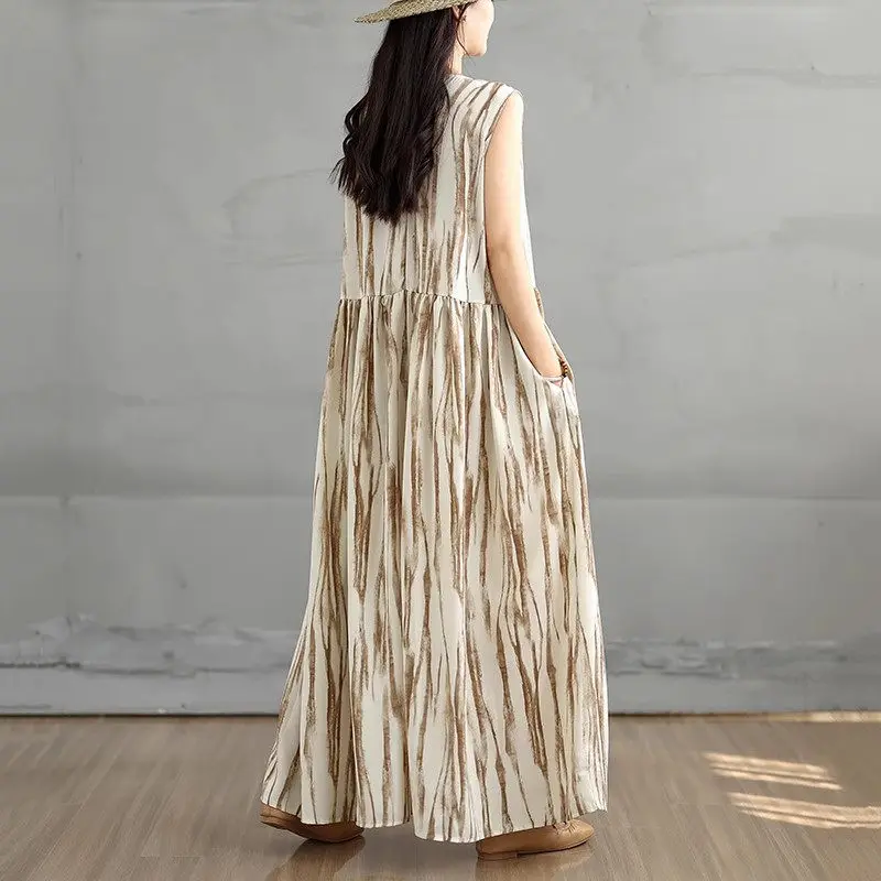 Retro Tie Dye Dress Loose Vest Dress Women's 2025 Summer Fashion Stylish Slimming Long Dress G1113