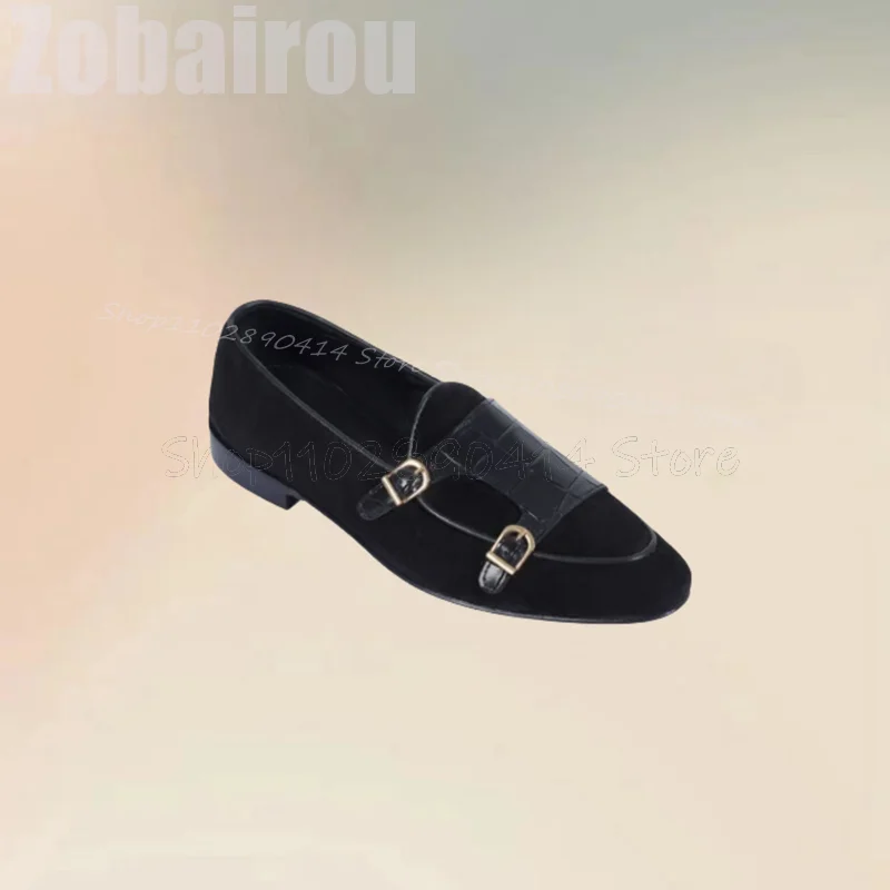Black Patchwork Alligator Print Buckle Decor Loafers Fashion Slip On Men Shoes Luxurious Handmade Party Office Men Casual Shoes