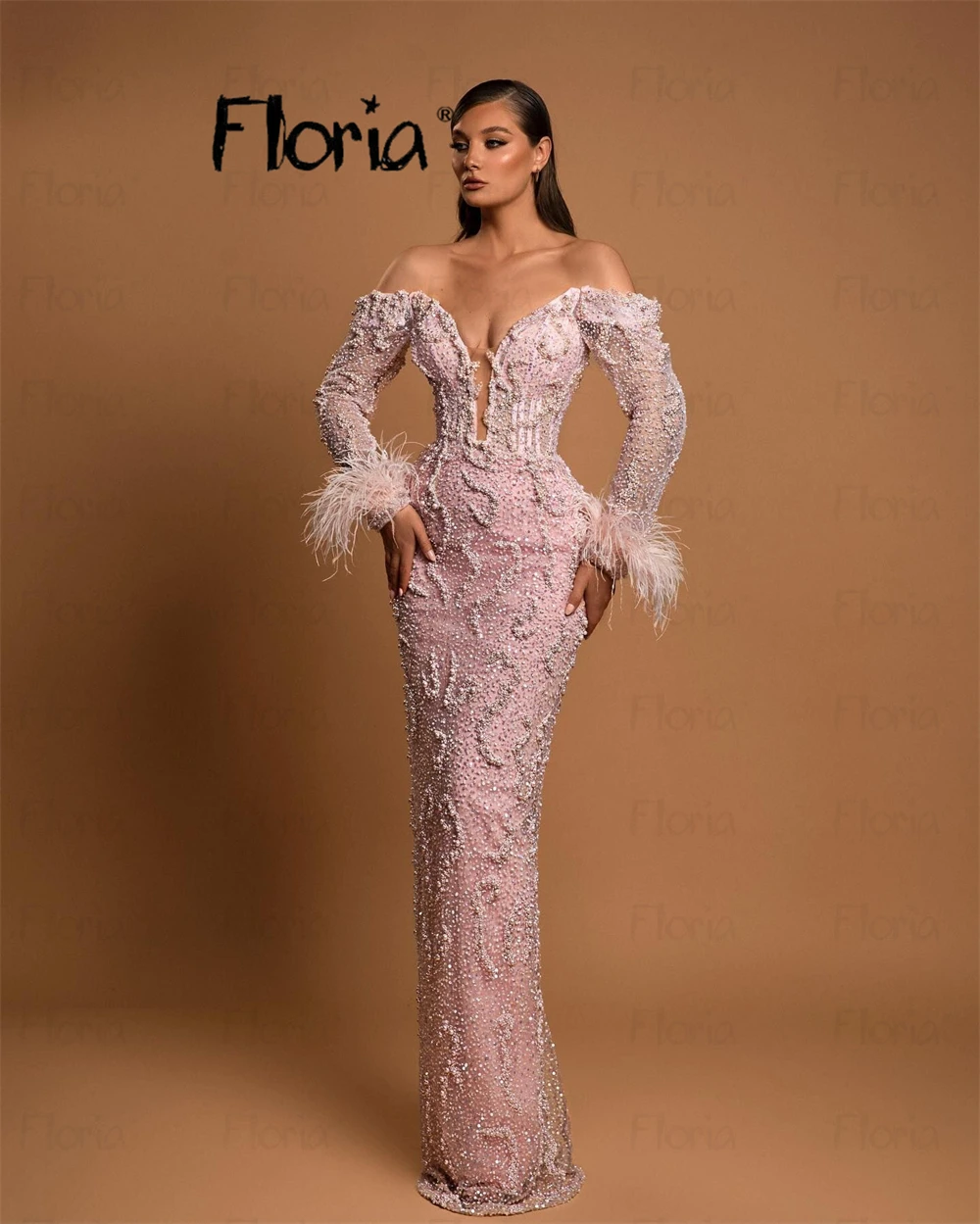 Beading Pink Mermaid Evening Dress Exquisite Feather Big Pearls Cocktail Party Gown Wedding Prom Dresses Birthday Wear Dinner