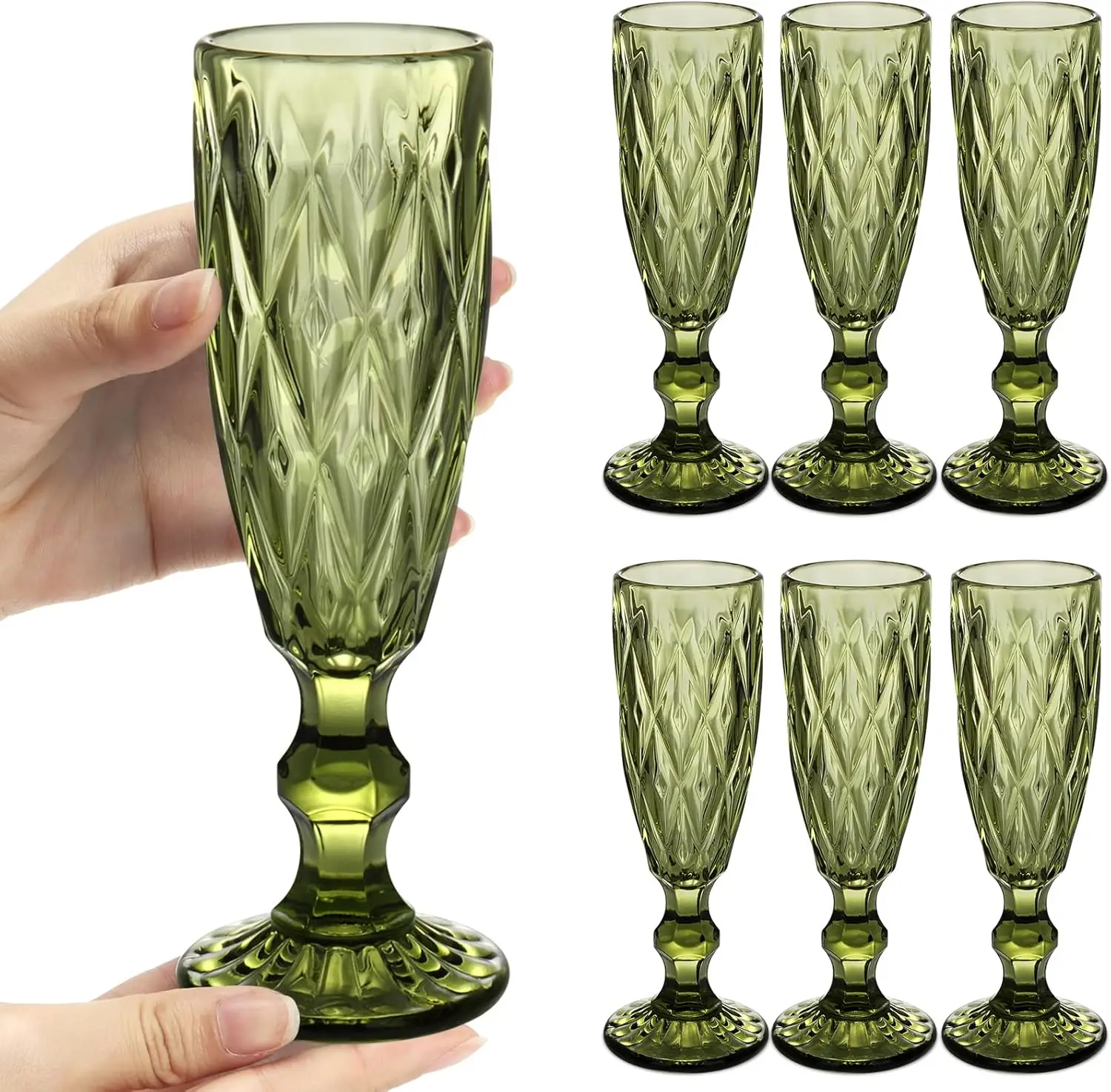 

Набор из 6 винтажных стеклянных фужеров для шампанского, 150 мл, с рельефным узором, зеленые бокалы для игристого вина и воды, для Рождества
