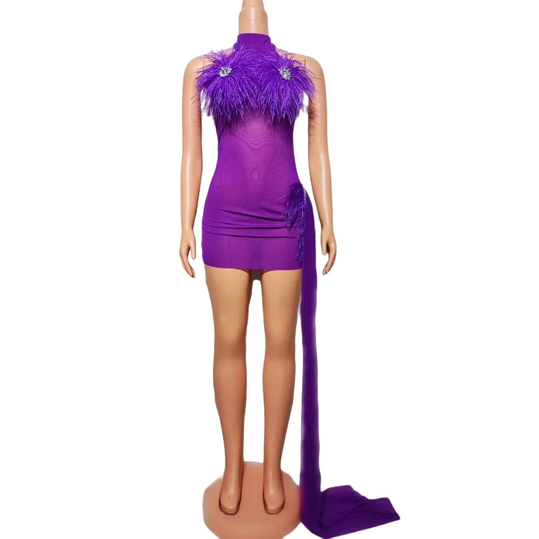 

Purple Stretch Sexy Mini Short Dress Sleeveless Backless Dance Pageant Singer Outfit For Women Birthday Goddess Senior Stagewear