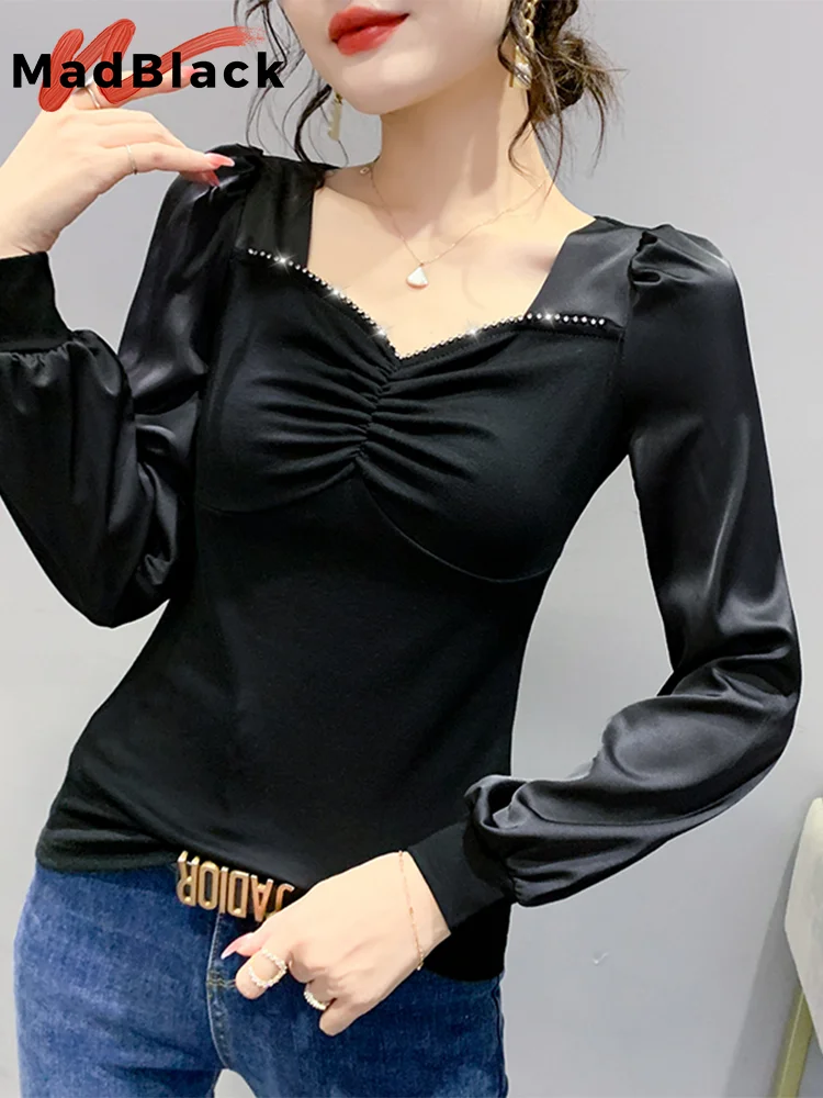 

MadBlack European Clothes Tshirt Women Sexy V Neck Ruched Workwear Slim Tops Long Puff Sleeve Tees Autumn Winter New T39759JM