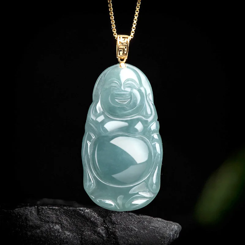 

Natural A- Level Blue Water Standing BuddhaStone 18K Gold Inlaid Women's Jade Pendant Fashi