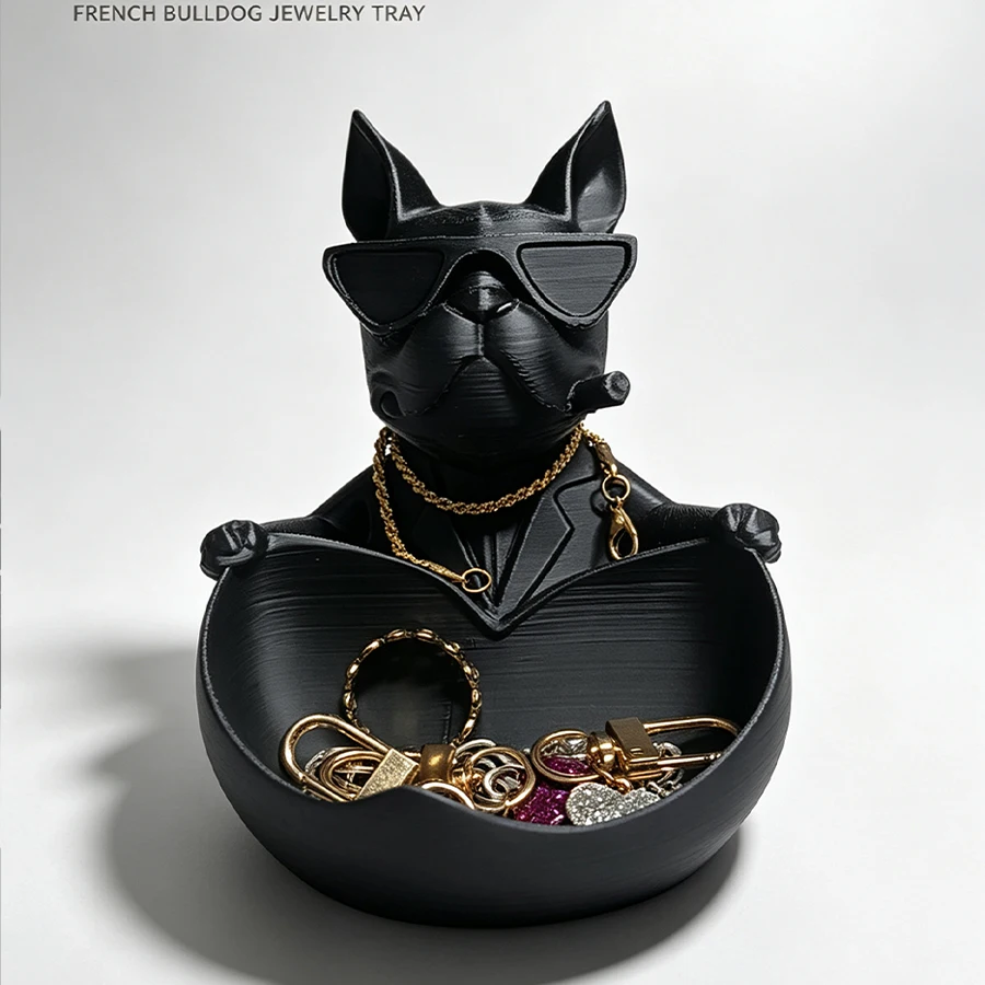 Black French Bulldog Ornament with Storage Bowl, Trendy Puppy Key Tray, Desktop Coin and Jewelry Organizer, Creative Home Desktop Decoration