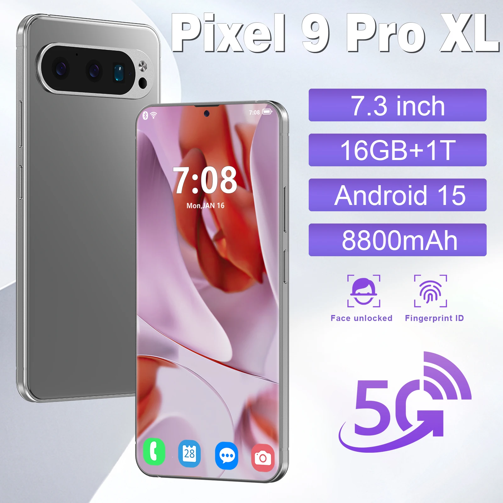 Smartphone Pixel 9 Pro XL 7.3inch HD Screen 16GB+1TB 5G Dual Sim Android 5g Mobilephone 8800mAh Battery Unlocked Cell celular