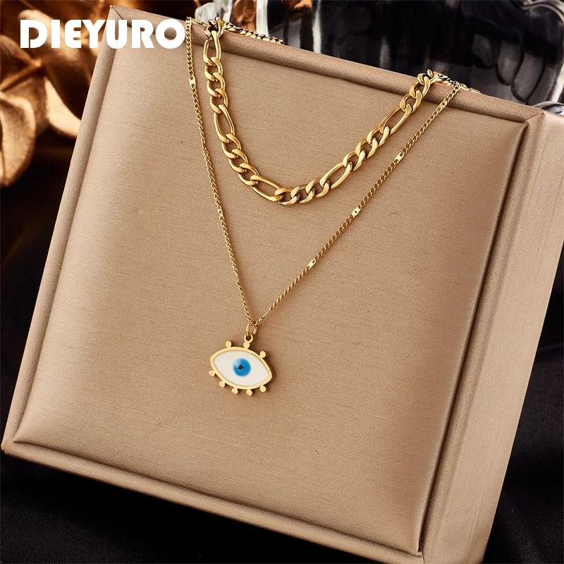 DIEYURO 316L Stainless Steel Eye Shape Pendant Necklace For Women New Vintage Girls 2in1 Clavicle Chain Jewelry Birthday Gifts