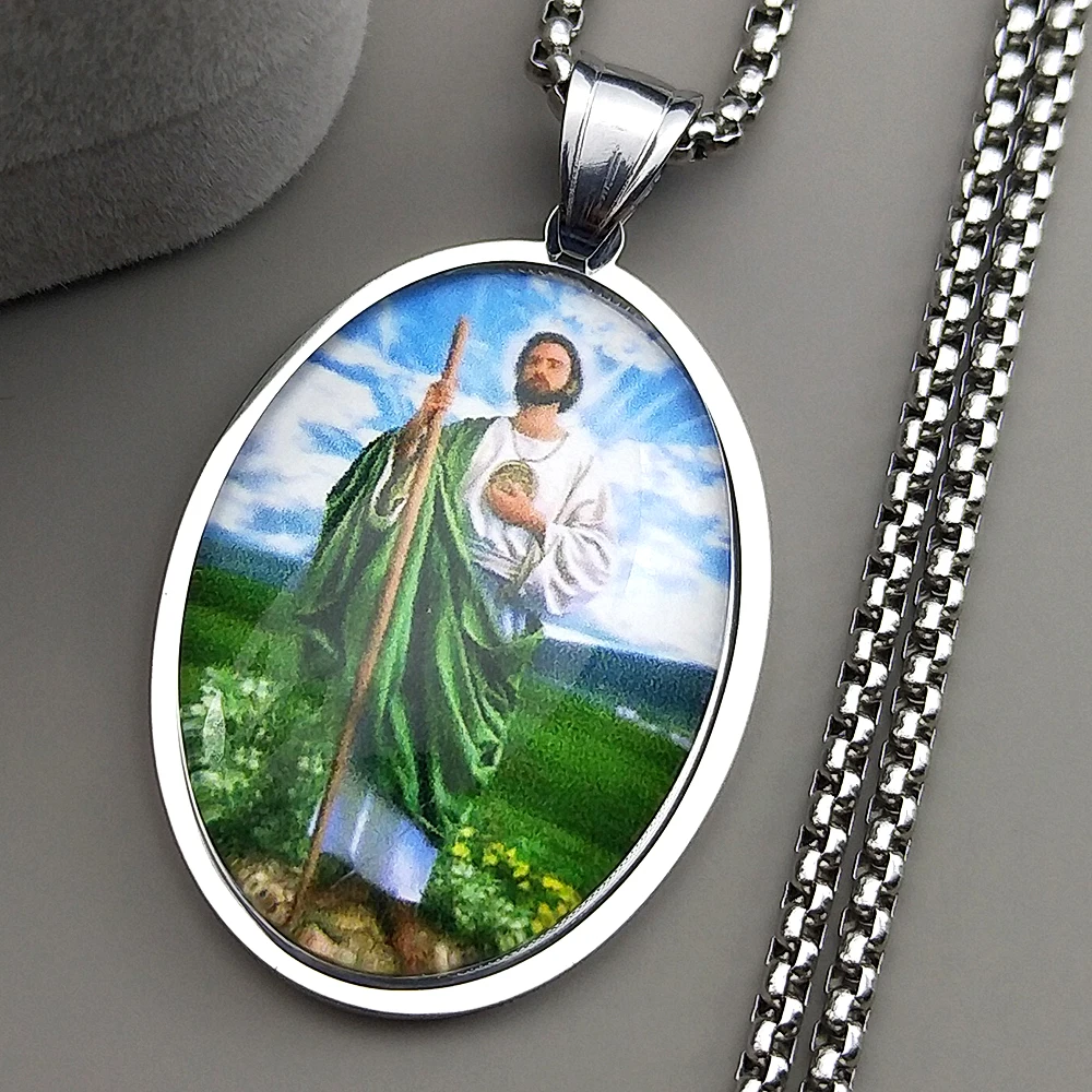 Collar con colgante de medalla de cristal cristiano San Judas Tadeo para mujeres y hombres, amuleto de San Jude de Color dorado de acero inoxidable, regalo de joyería