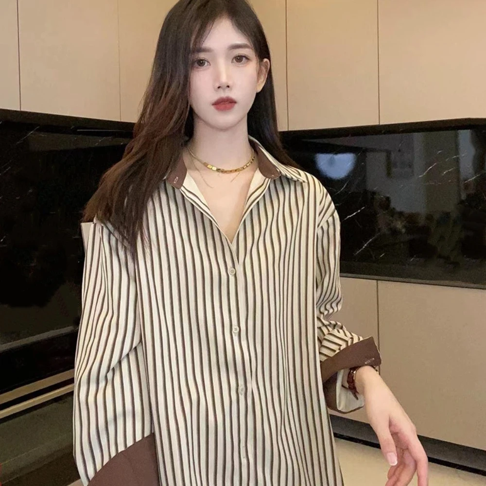 

Женские рубашки в полоску с v-образным вырезом, топы с лацканами для отдыха, длинная одежда с рукавами, блузка в корейском стиле, простая абрикосовая кофейная одежда