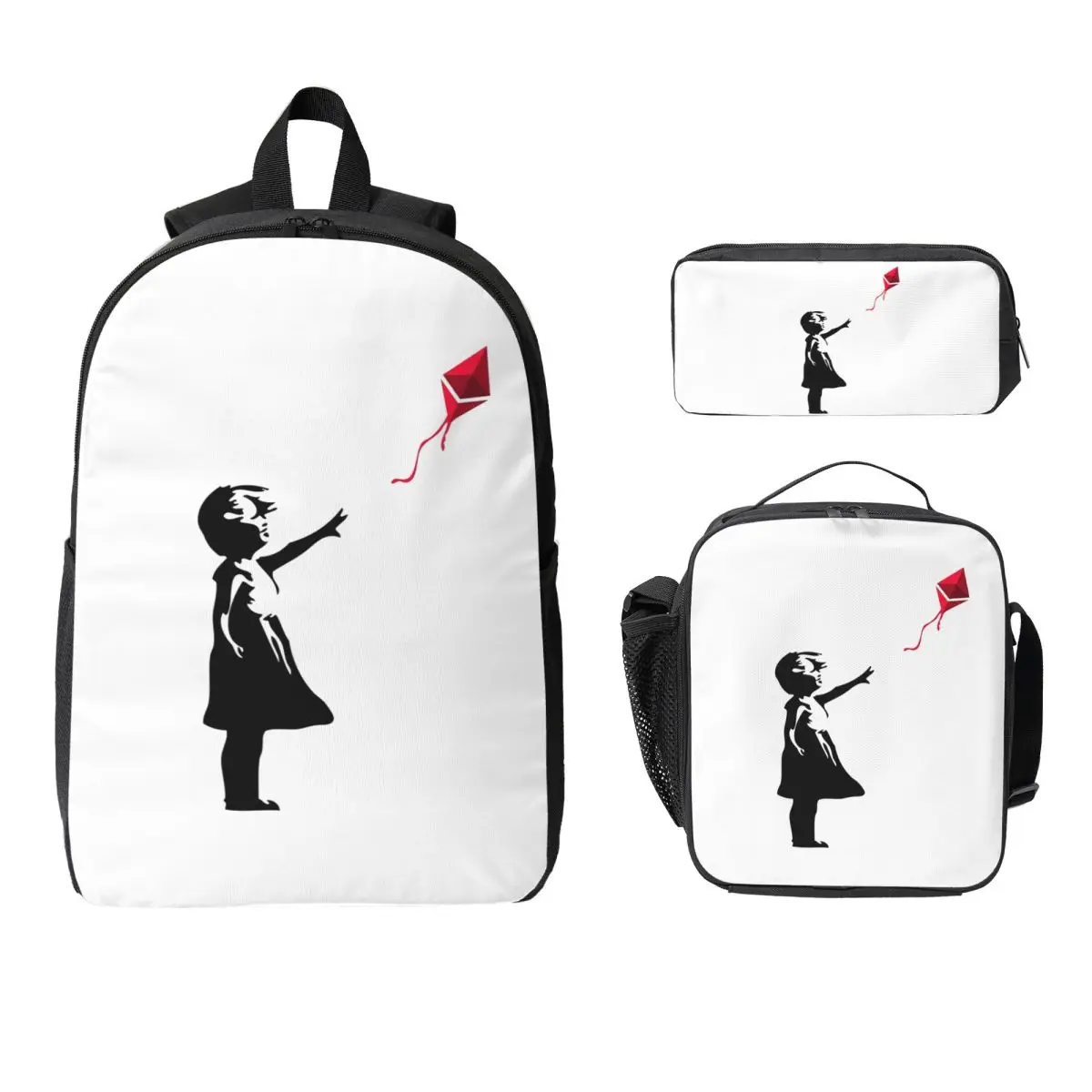 Ethereum X Banksy Balloon Girl Backpack Student BookBag School Bag Computer Shoulder Bags 3ps Insulated Lunch Bag Pencil Case