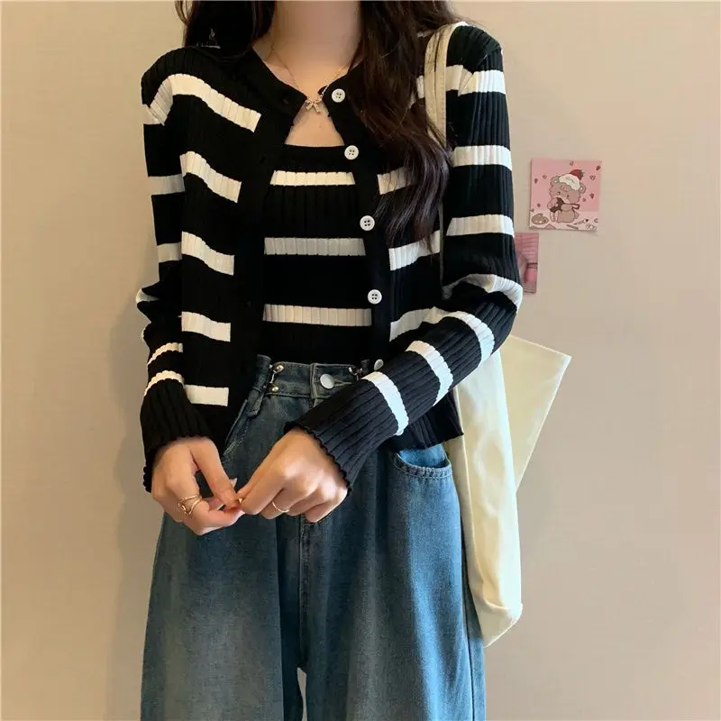 Long Sleeve Sets Two Pieces Button Fashion Cardigan Casual Elegant Women Y2K Tank Cami Spliced Chic Holiday Korean Clothing Tops