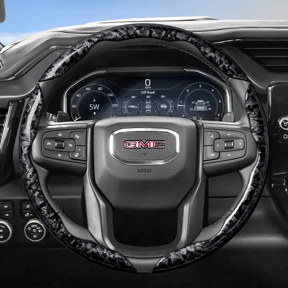 Suitable for Gmc Forged Carbon Fiber Texture Steering Wheel Cover, Durable Snap-On Quick Installation for Sierra 1500 Hd Ev Yukon Terrain Acadia Canyon Savana Hummer Ev Black Red Gold Car Interior Accessories