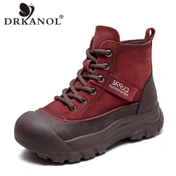 DRKANOL Women Snow Boots Winter Warm High Top Shoes Genuine Cow Leather Mixed Colors Flat Platform Casual Short Ankle Boots
