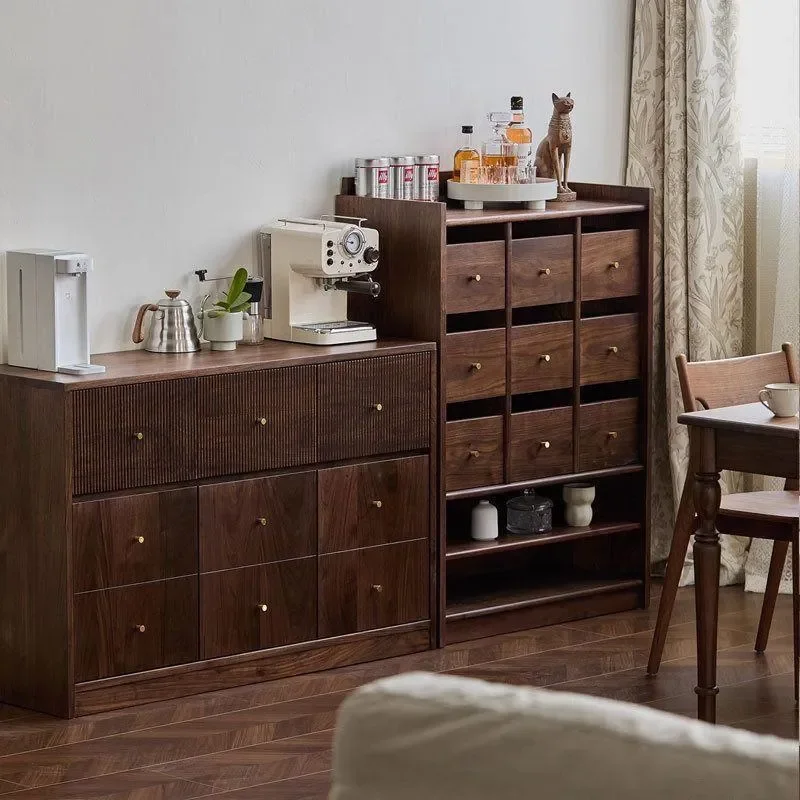 Solid Wood Black Walnut Nine Drawer Bucket Cabinet Retro Wall Mounted Storage Unit for Living Room Dining Room Sofa Side