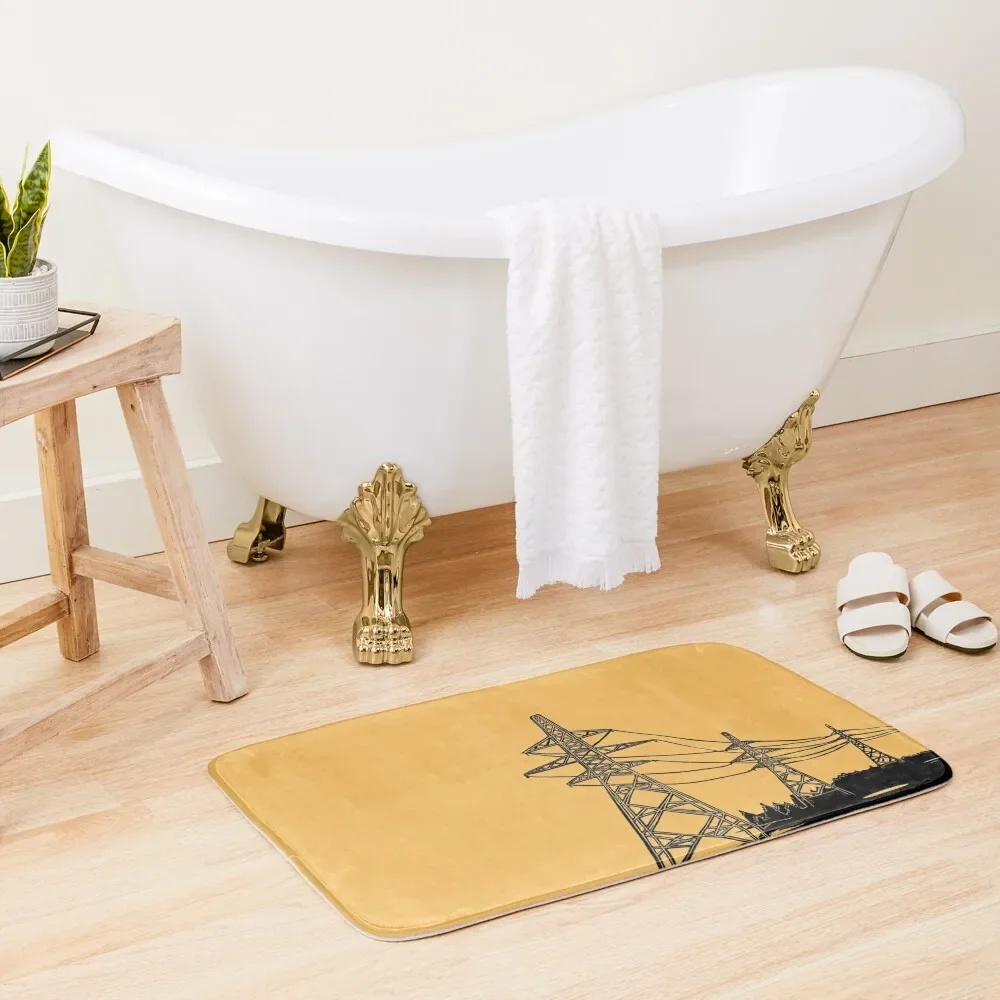 

Electricity Pylons Linocut Silhouette on Mustard Yellow Bath Mat Non-Slip Pad Floors For Bathroom Rugs Baths Mat