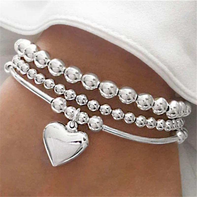 3 pcs/set Trend Heart Pendant Bracelets Set for Women Silver Color Ball Beaded Bracelets Bangles Jewelry New 2025