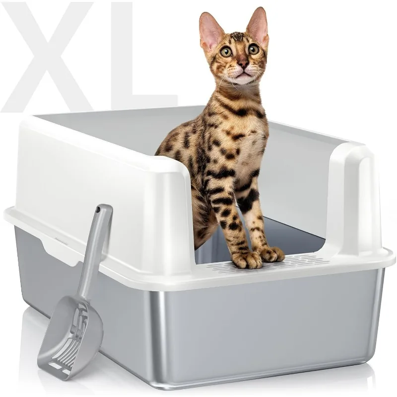 Enclosed Stainless Steel Cat Litter Box with Lid, XL Extra Large Litter Box for Big Cats, Metal Litter Box High Sided,