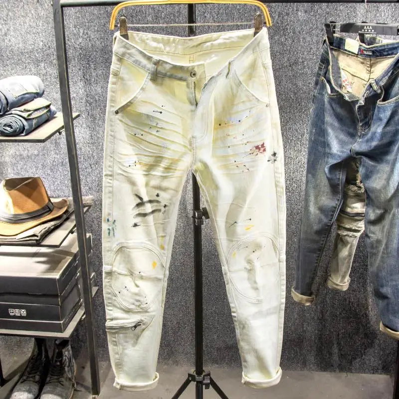 

Off White Slim Tapered Graffiti Denim Jeans for Men Vintage European American Biker Style Spring Autumn Daily Street Pants