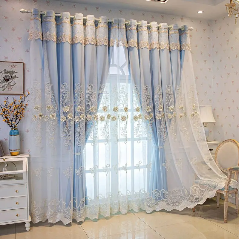 Double Layer Curtain for Living Room & Bedroom European Style 3D Flower Embroidered Sheer + Blackout Curtain Window Treatment