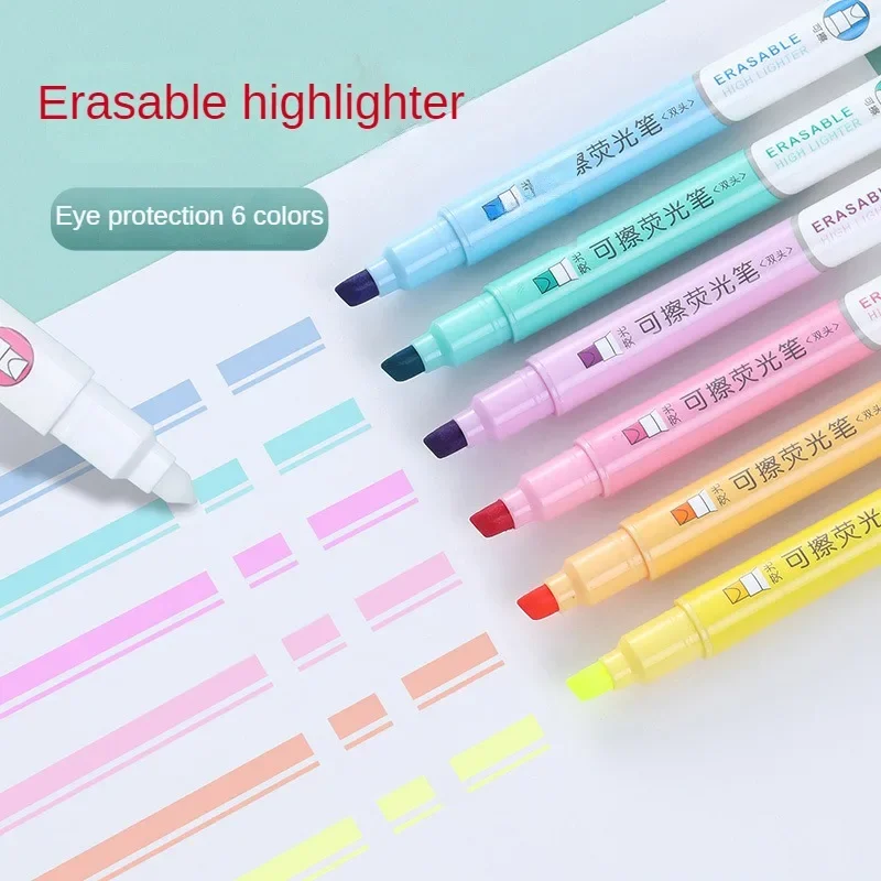 6pcs Erasable Highlighters Pastel Markers Dual Tip Fluorescent Pen for Art Drawing Doodling Marking School Office Stationery