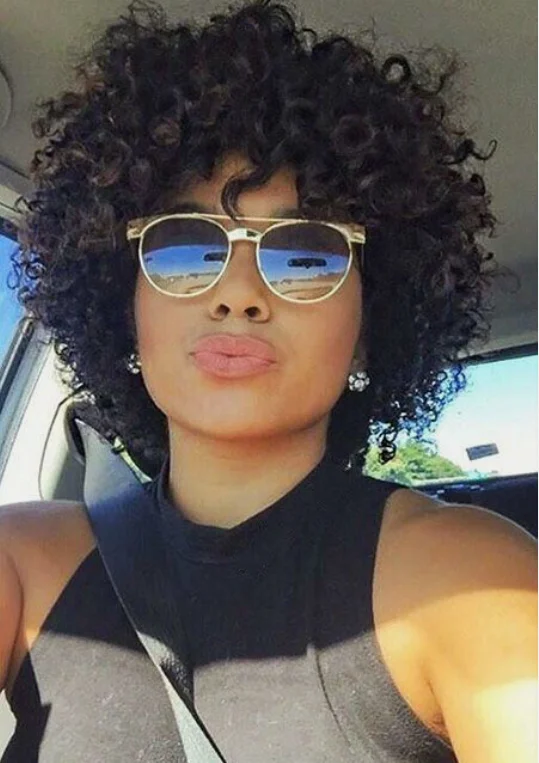 Afro Curly 100% Human Hair Wig Bob Wig with Bangs None Lace Kinky Hair for Women