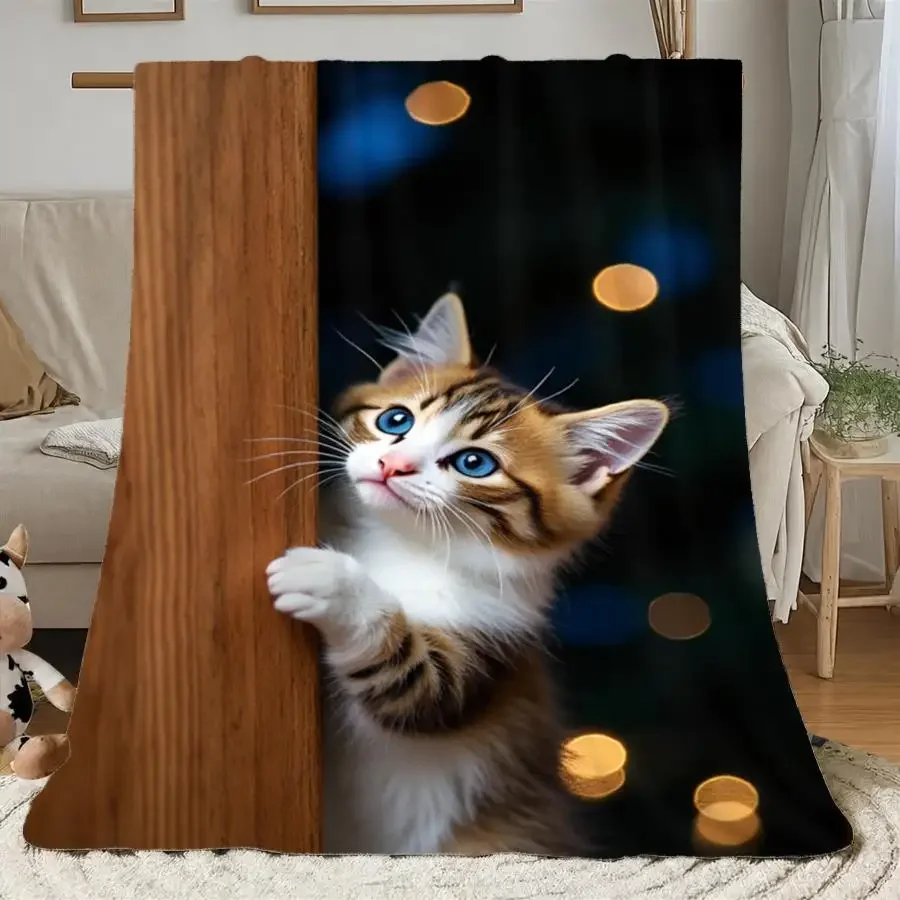 1pc Warm Premium Flannel Blanket Featuring a Curious Blue-Eyed Kitten Amidst Magical Bokeh Lights, Soft Decorative