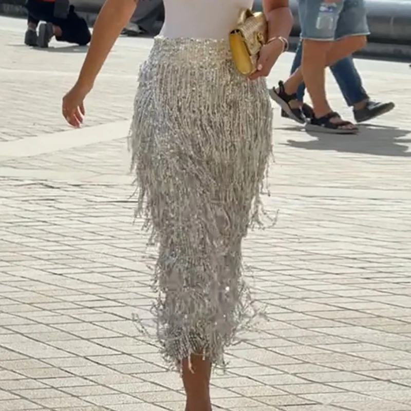 Fashion High Street Split Long Skirts Sparkling Tassel Spring Summer Women's Skirts Elegant Temperament Banquet Wrap Hip Skirt