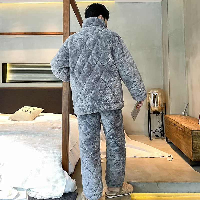 2022 Winter New 2PCS Pajamas Set Coral Fleece Men Sleepwear Nightwear Casual Thick 3 Layers Quilted Sleep Home Clothes Warm