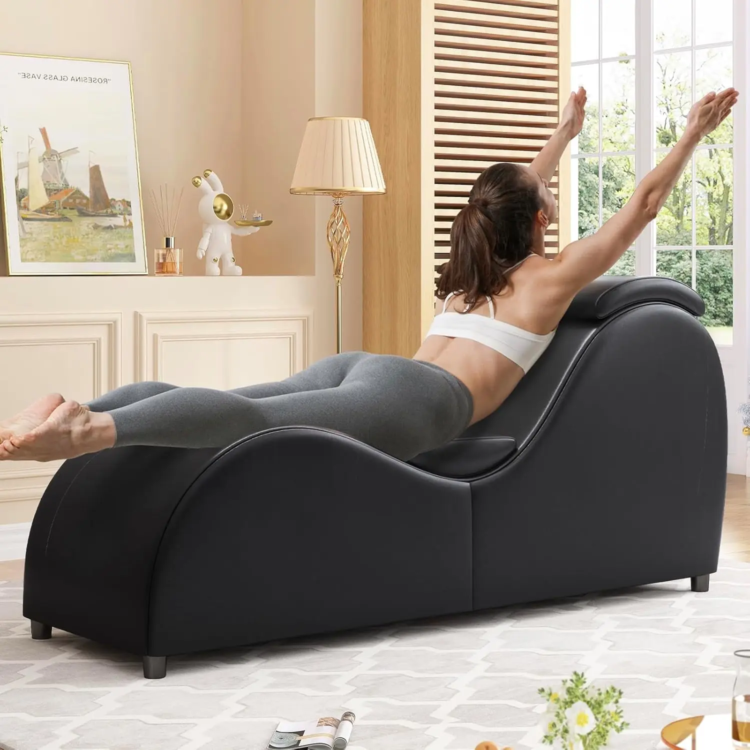 Ergonomic Curved Yoga Lounge Chair 60in Adult Stretching Relaxing Chaise for Indoor Exercise Daily Rest