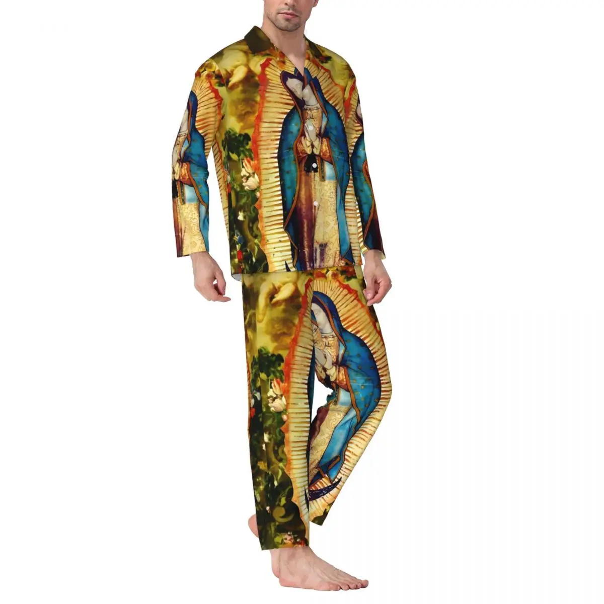 Virgin Mary Mexico Pajama Set Our Lady of Guadalupe Kawaii Sleepwear Men Long Sleeve Loose Night 2 Piece Home Suit Large Size