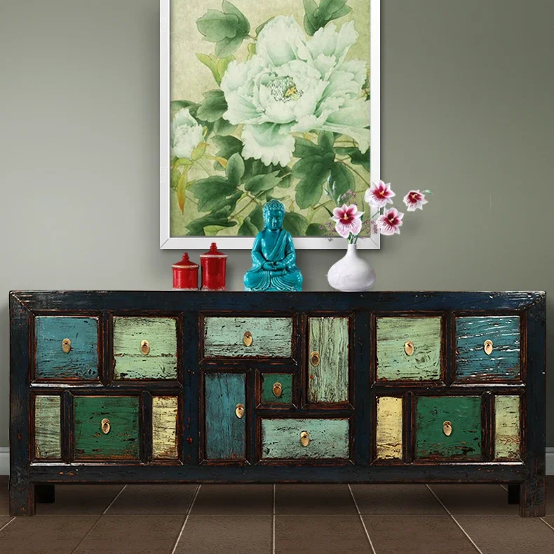 New Chinese style old solid wood retro blue green handmade decorative cabinet