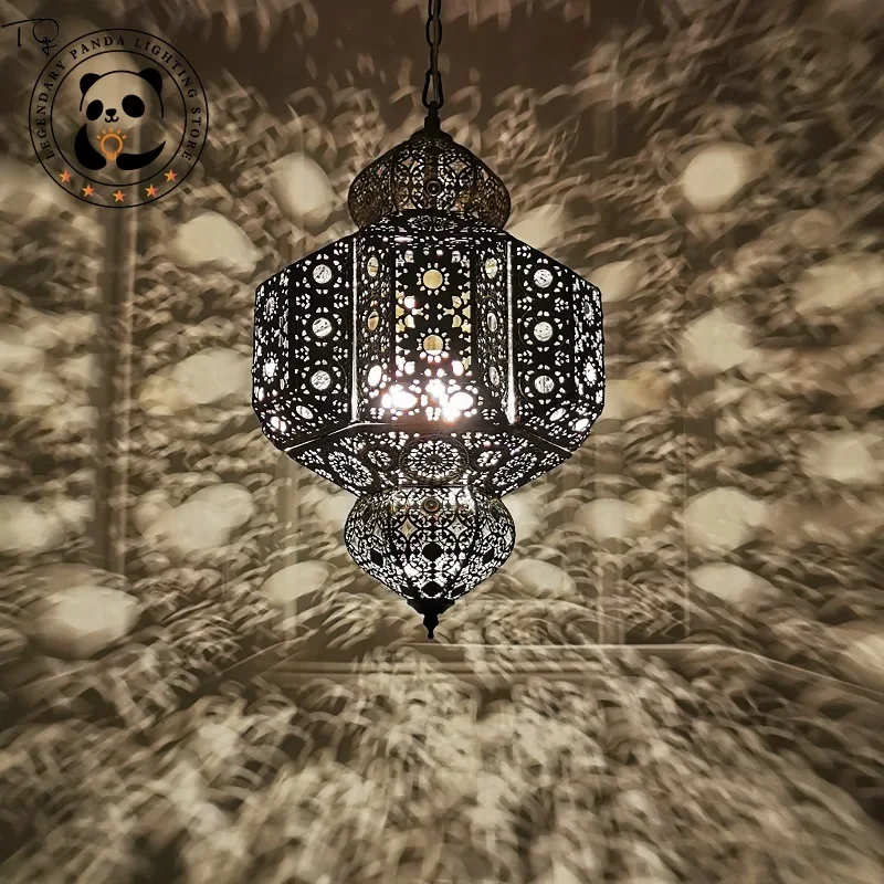 Southeast Asia Vintage Industrial Moroccan Pendant Lights Hollow Carving Iron Art Decorative Hanging Lamp Home Decor Loft Studio