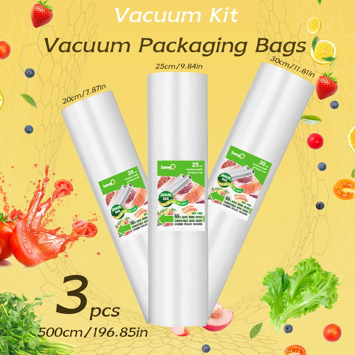 3 rolls of 500cm textured roll bags with different sizes, vacuum compressed bags, single-sided mesh food vacuum packaging bags