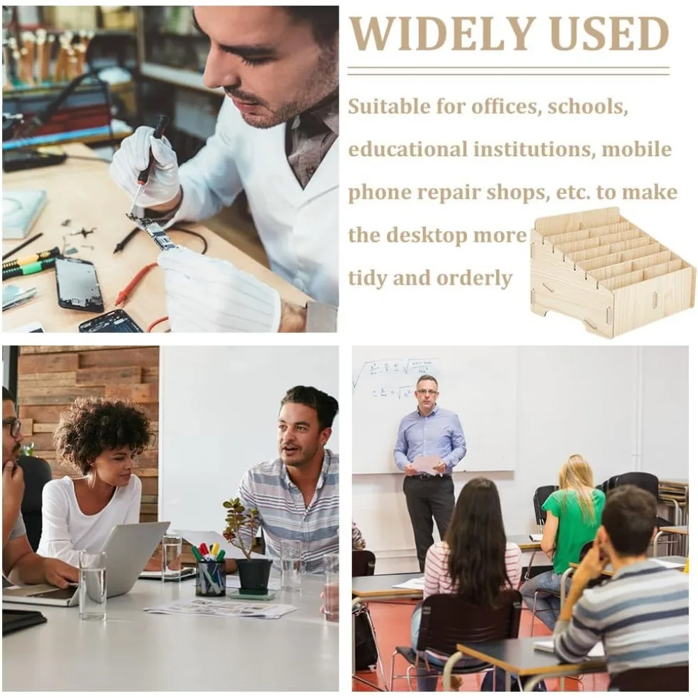木製携帯電話オーガナイザー、14コンパートメント、デスクトップ、教室、オフィス、デスクトップストレージ、小麦色、8.6x6.9x5.9"